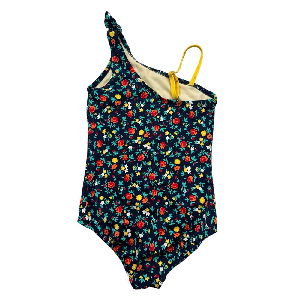 LANDS END Navy Floral Bow One Piece Girls Swim Suit Size 7 Red Yellow Strap - Picture 2 of 5